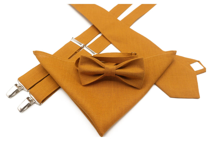 Ring Bearer Outfit - Mustard Bow Tie & Suspenders Set for a Charming Look