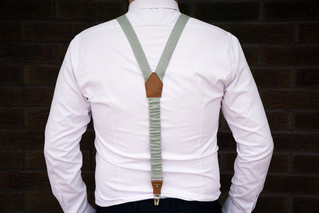 Dusty Sage Green Groomsmen Set: Wedding Suspenders, Bow Ties & Pocket Squares