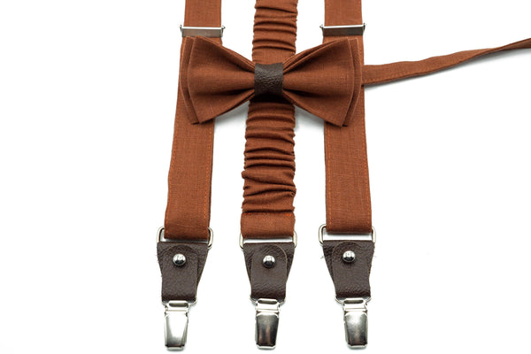 Terracotta Linen Bow Tie & Suspenders | Groom