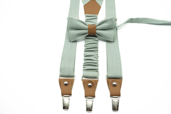 Dusty Light Sage Green Groomsmen Wedding Suspender, Bow Tie, and Matching Pocket Square Set