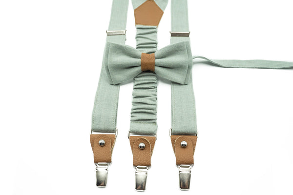Dusty Sage Green Groomsmen Set: Wedding Suspenders, Bow Ties & Pocket Squares
