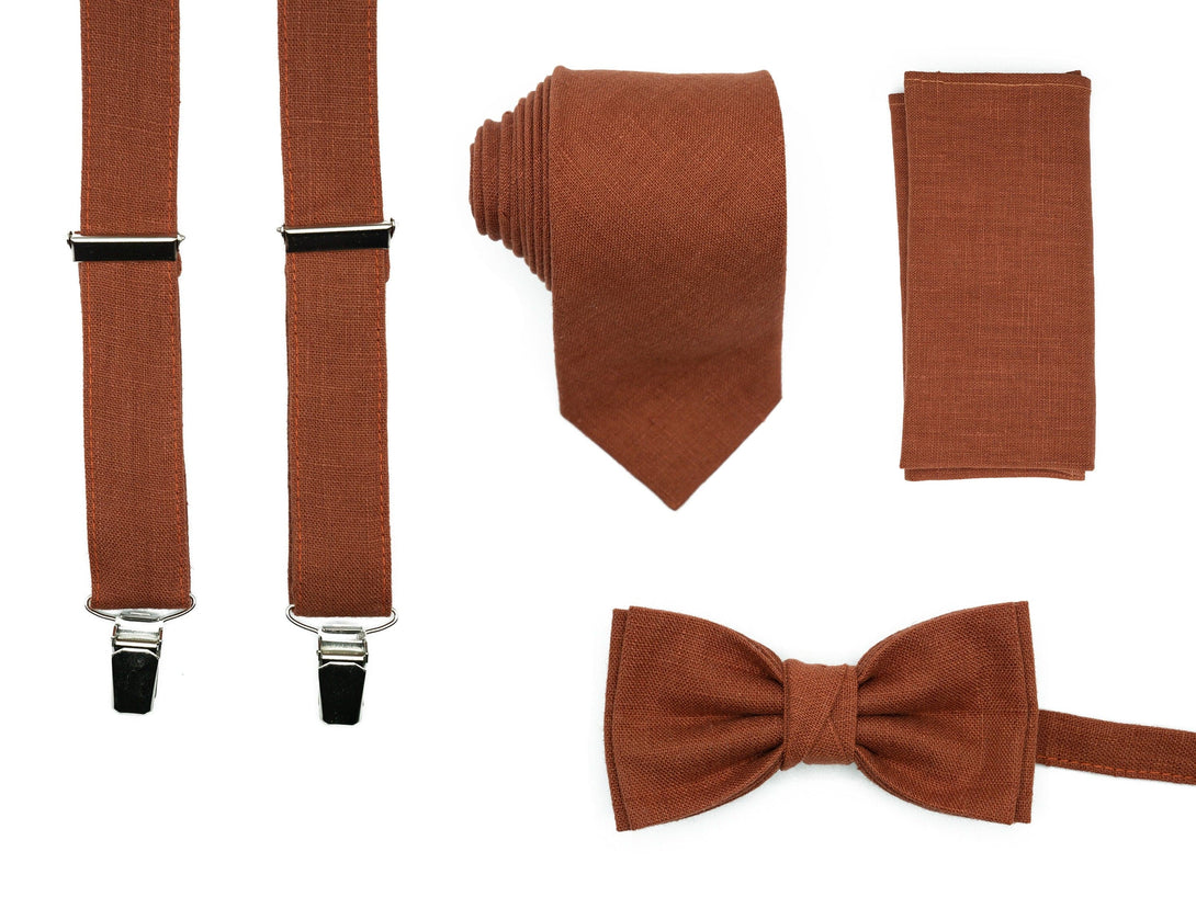 Linen Terracotta Wedding Set: Bow Tie, Pocket Square, Necktie, Suspenders for Groom, Groomsmen, and Boys