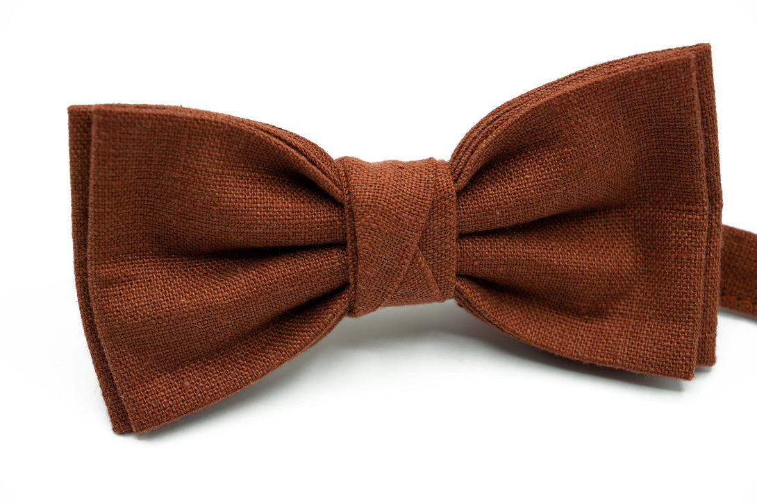 Linen Terracotta Wedding Set: Bow Tie, Pocket Square, Necktie, Suspenders for Groom, Groomsmen, and Boys