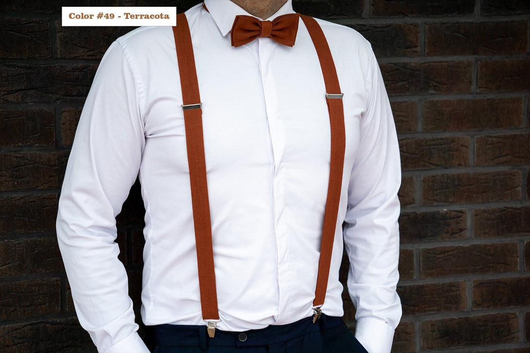 Linen Terracotta Wedding Set: Bow Tie, Pocket Square, Necktie, Suspenders for Groom, Groomsmen, and Boys