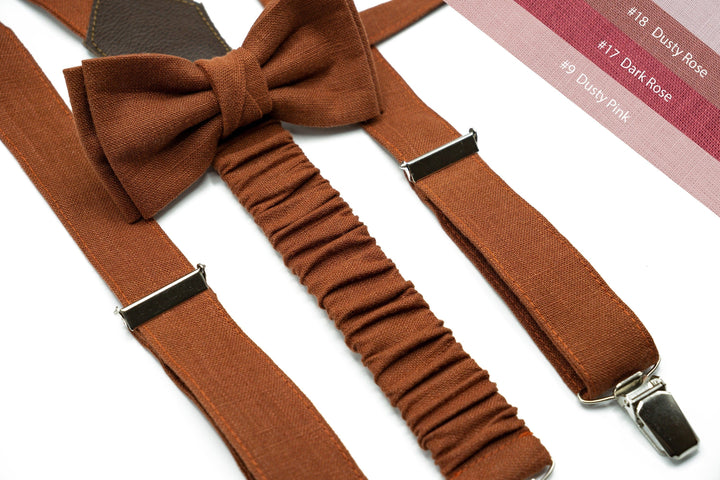 Terracotta Linen Bow Tie & Suspenders Set - Elegant Wedding Accessories for Groom, Groomsmen, and Father of the Bride