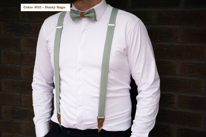 Beige Groomsmen Bow Tie & Optional Pocket Square/Suspender Set - Linen Wedding Accessories - Handcrafted Formal Wear