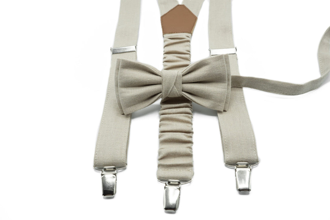 Versatile Beige Linen Suspender & Bow Tie Set | Available in Multiple Sizes and Colors