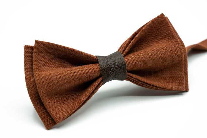 Terracotta Linen Bow Tie and Pocket Square Set - Handmade Accessories for Boys and Men - Perfect for Weddings, Formal Events
