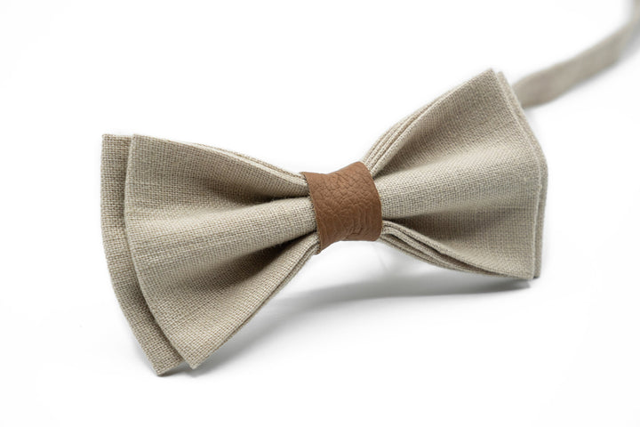Beige Groomsmen Bow Tie & Optional Pocket Square/Suspender Set - Linen Wedding Accessories - Handcrafted Formal Wear