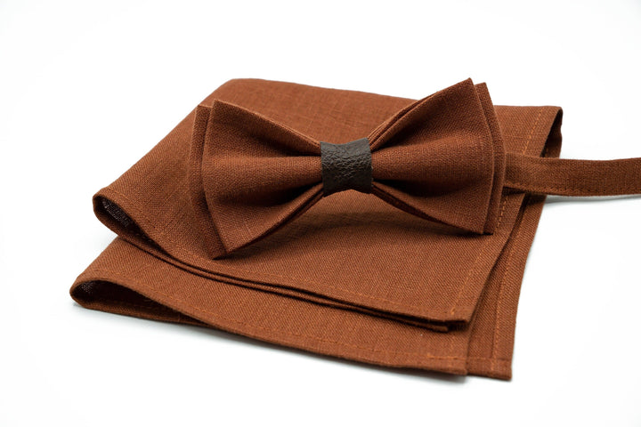 Terracotta Linen Bow Tie and Pocket Square Set - Handmade Accessories for Boys and Men - Perfect for Weddings, Formal Events