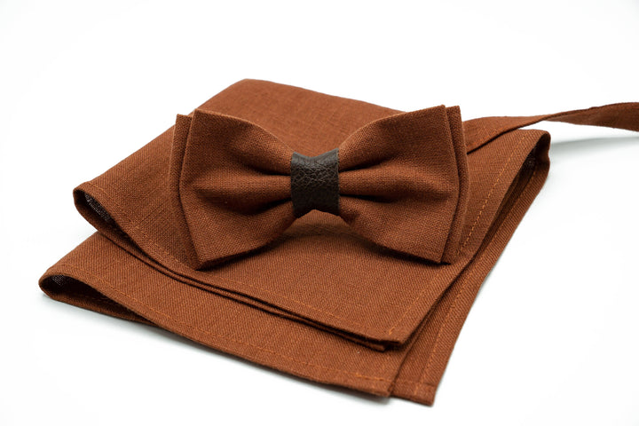 Handcrafted Terracotta Linen Bow Tie with Available Matching Handkerchief - Ideal for Men & Boys - Perfect for Weddings and Special Events