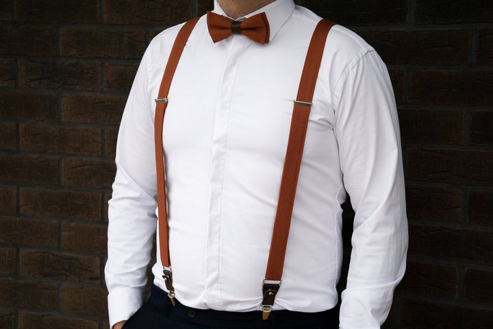 Terracotta Bow Tie & Pocket Square Set, Linen Bow Tie - Groomsmen, Wedding Bow Ties, Men's Necktie, Suspenders, Handkerchief, Noeud Papillon