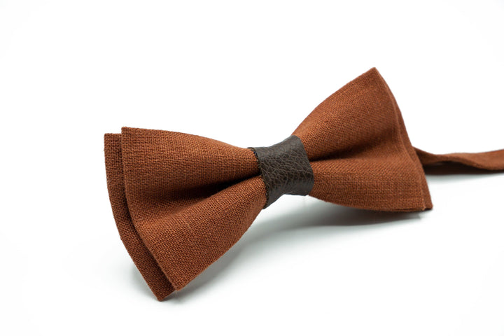 Terracotta Bow Tie & Pocket Square Set, Linen Bow Tie - Groomsmen, Wedding Bow Ties, Men's Necktie, Suspenders, Handkerchief, Noeud Papillon