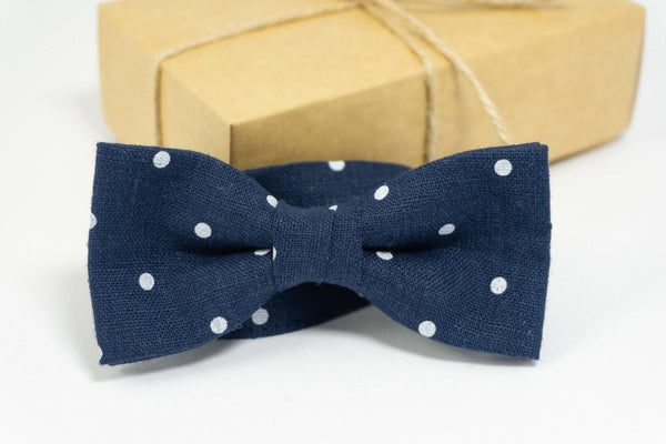 KIDS Blue Polka dot Bow Tie Bow & Childrens Linen Bow Ties for Child Blue Polka dot Bowties for Son Wedding bow tie
