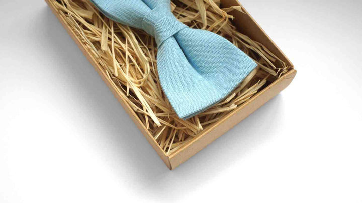 Stylish Light Blue Linen Bow Tie and Pocket Square Set - Perfect for Weddings