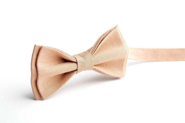 Elegant Nude Color Linen Wedding Bow Ties for Men and Kids | Complete with Matching Pocket Square - Ideal Gifts for Groomsmen and Ring Bearer