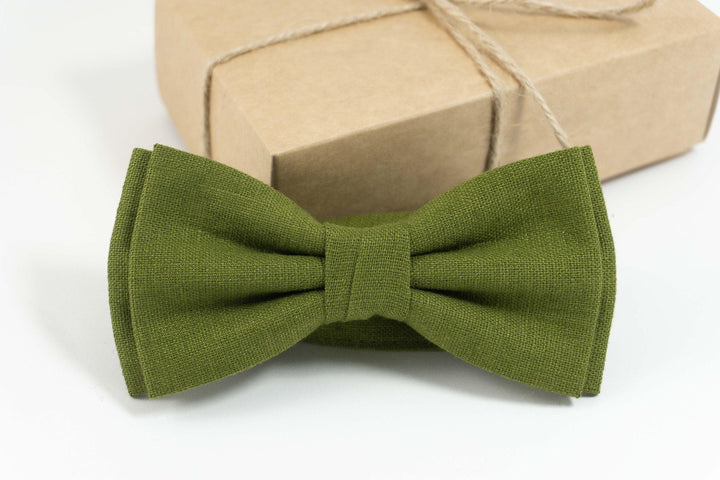 Moss green bow tie and pocket square for wedding | Eco Friendly Linen moss bow tie gift for groomsmen