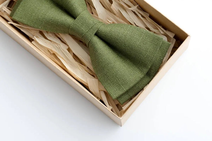 Moss Green Linen Bow Tie | Olive Green Wedding Accessory for Men & Toddlers