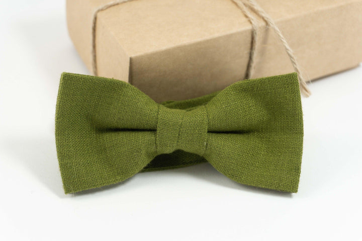 Moss wedding tie and bow tie can be ordered with matching pocket square for weddings | Eco Friendly Linen bow tie gift for groomsmen