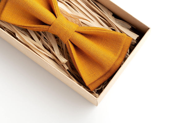 Mustard Men's Wedding Bow Ties and Neckties | Linen Men's Pre-tied Bow Ties for Weddings