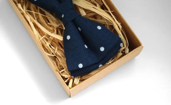 Navy Blue Polka Dots Bow Tie - Versatile Linen Accessory for Men, Boys, and Babies