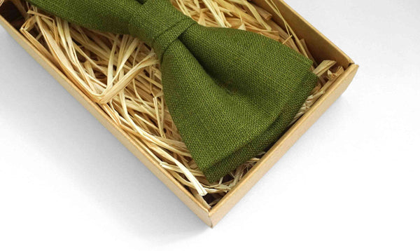 Olive Green Linen Bow Tie & Pocket Square | Wedding Accessory for All Ages