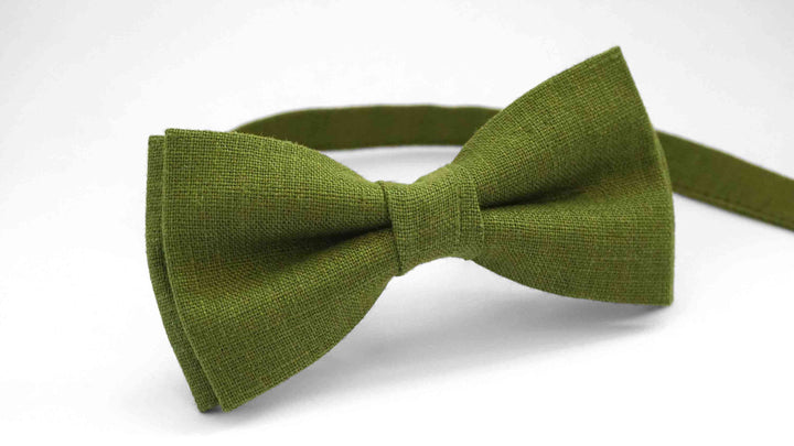 Olive Green Linen Bow Tie & Pocket Square | Wedding Accessory for All Ages