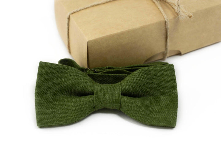 Olive Green Linen bow tie | olive green wedding bow tie