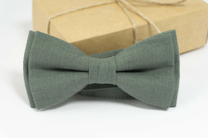 Dark Sage Green Linen Bow Tie for Men