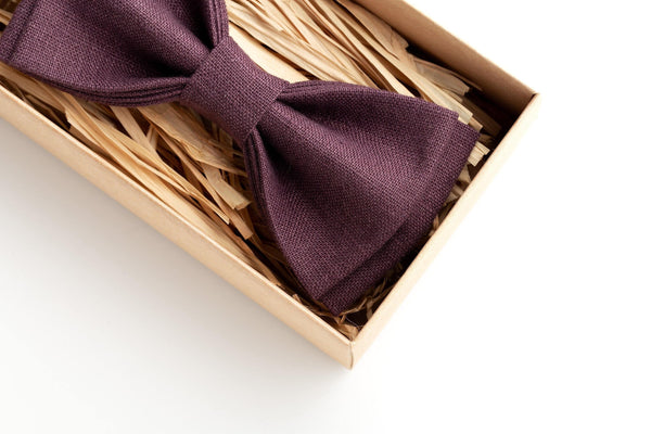 Eggplant Color Linen Wedding Bow Ties for Men and Kids | Complete with Matching Pocket Square - Ideal Gifts for Groomsmen and Ring Bearer