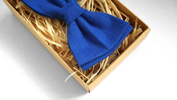 Royal Blue Linen Bow Tie and Pocket Square Set - For Weddings and Formal Events