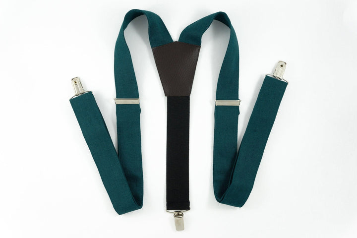 TEAL GREEN Y-back wedding suspenders for groomsmen and groom - Teal green linen braces for men and boys