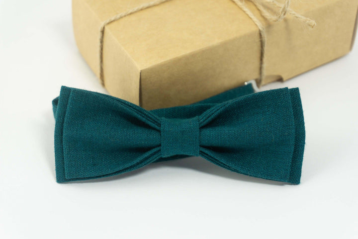 Teal tie for men | batwing bow tie made from Linen
