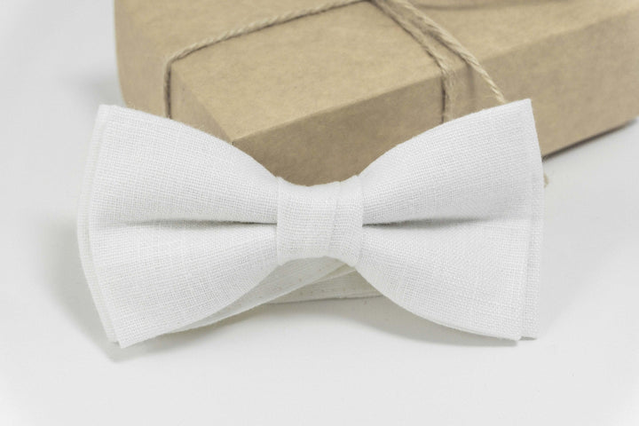 White pre tied bow ties for you wedding party | White Linen pre tied bow tie for you groom