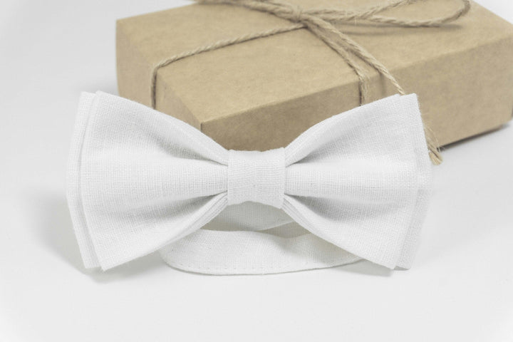 White wedding bow ties for groomsmen and boys or toddlers made from eco friendly linen with matching White pocket square
