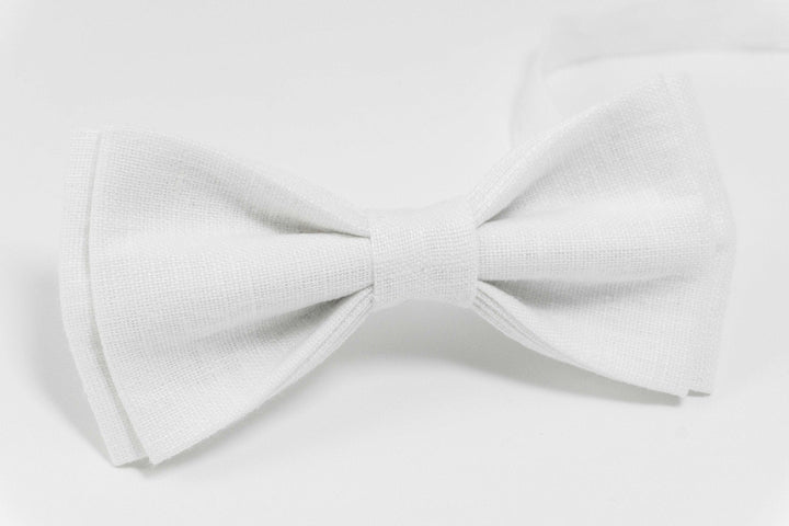 White wedding bow ties for groomsmen and boys or toddlers made from eco friendly linen with matching White pocket square